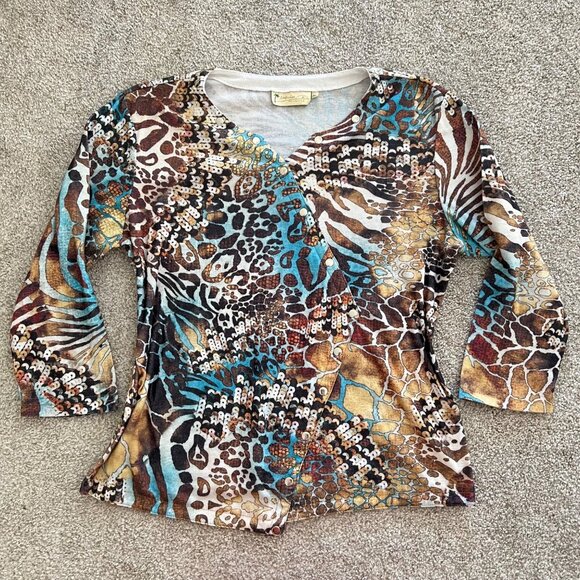 Y2K Asymmetrical Zebra & Cheetah Print Flowy V-Neck Top Brown Blue - Picture 6 of 11